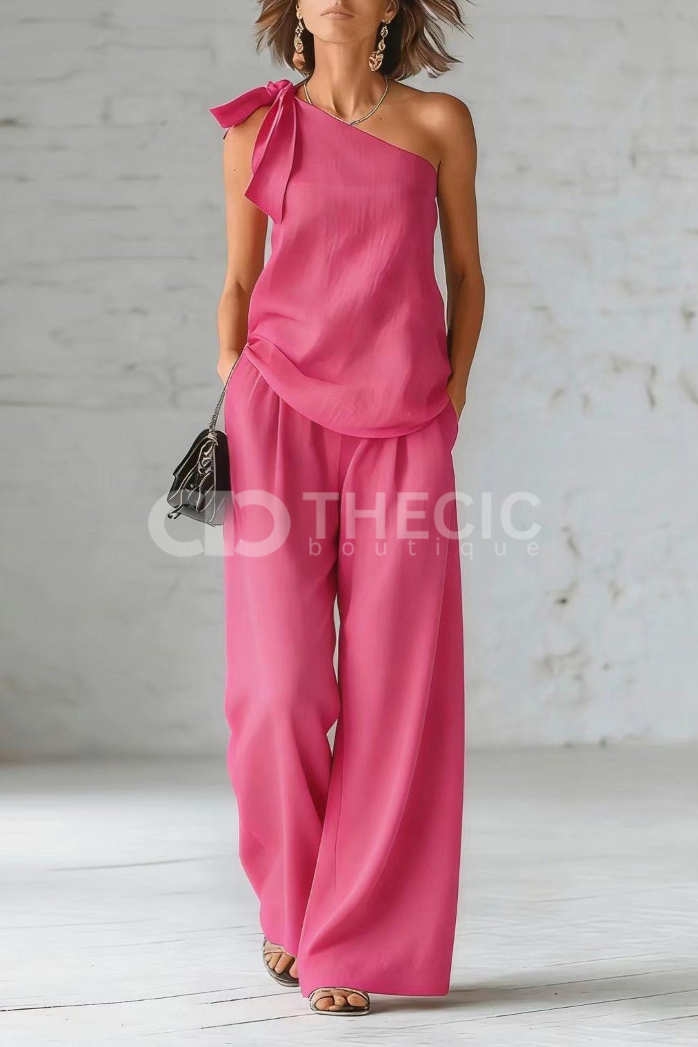 Flowy Linen-Blend One-Shoulder Bow Wide-Leg Set