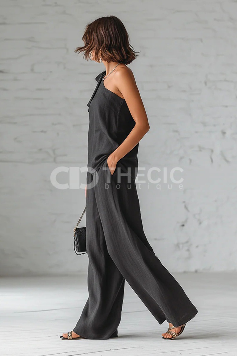 Flowy Linen-Blend One-Shoulder Bow Wide-Leg Set