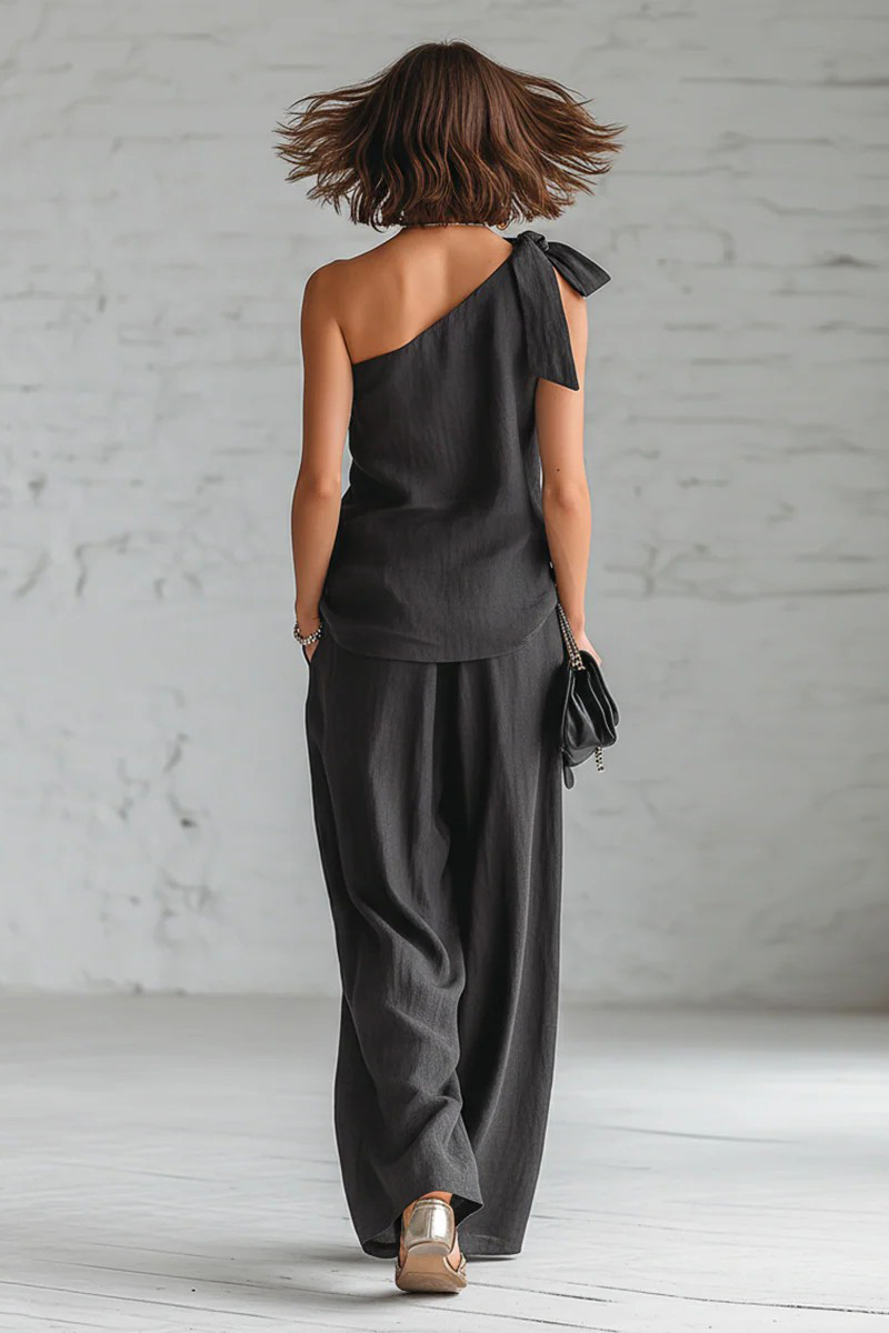 Flowy Linen-Blend One-Shoulder Bow Wide-Leg Set