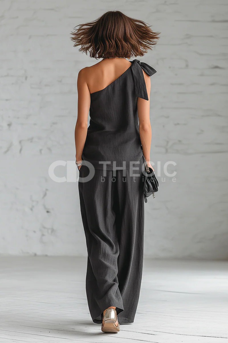 Flowy Linen-Blend One-Shoulder Bow Wide-Leg Set