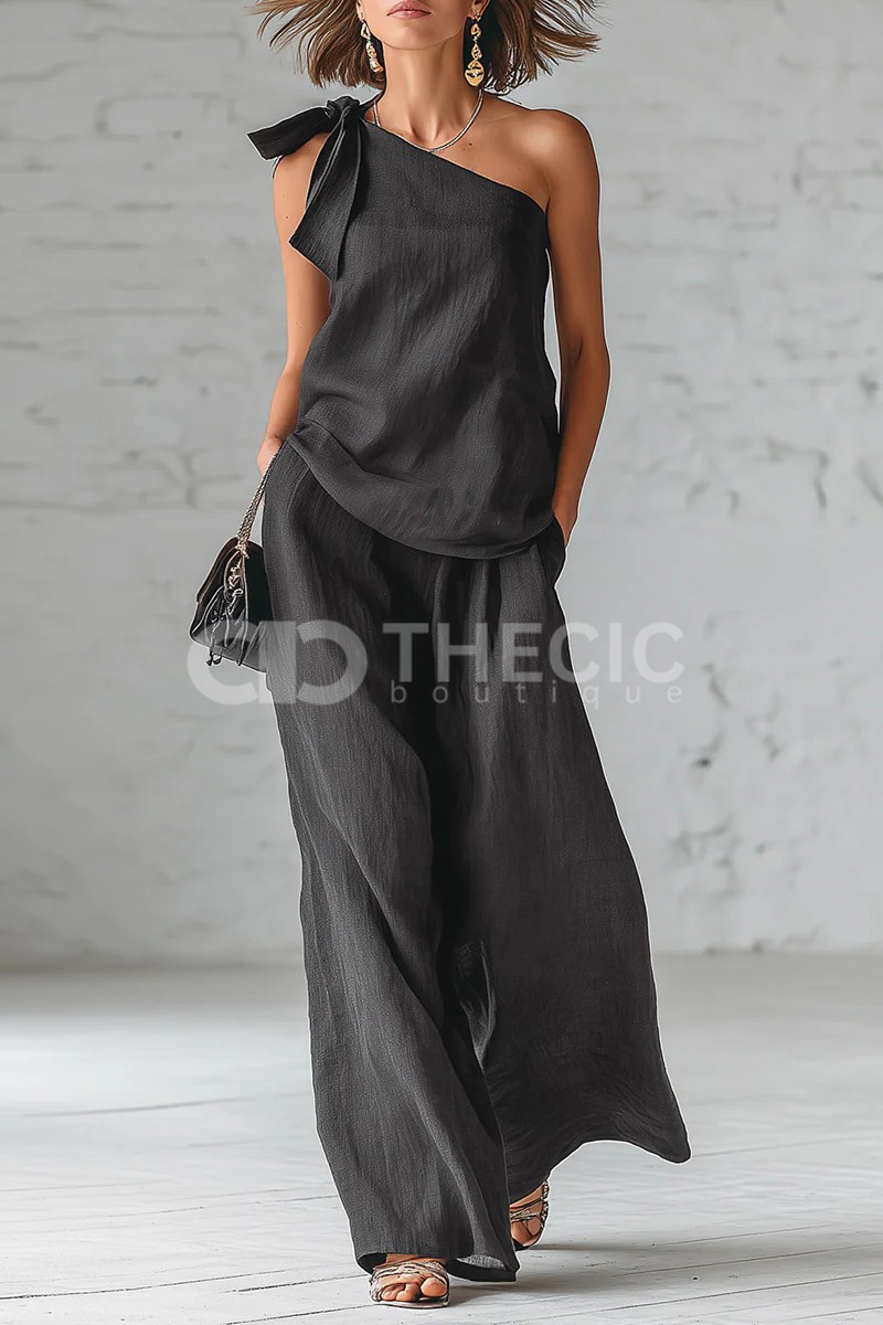 Flowy Linen-Blend One-Shoulder Bow Wide-Leg Set