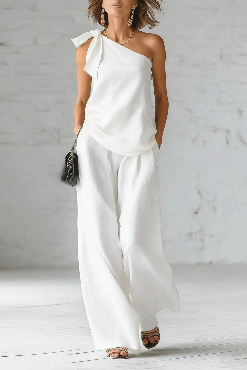 Resort Two Piece Set | Flowy Linen-Blend One-Shoulder Bow Wide-Leg Set | Summer Vacation Outfit