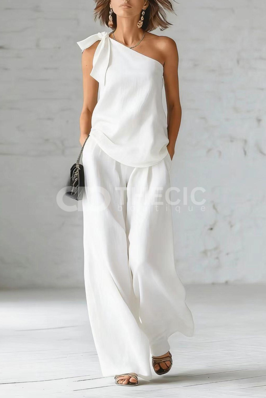 Flowy Linen-Blend One-Shoulder Bow Wide-Leg Set