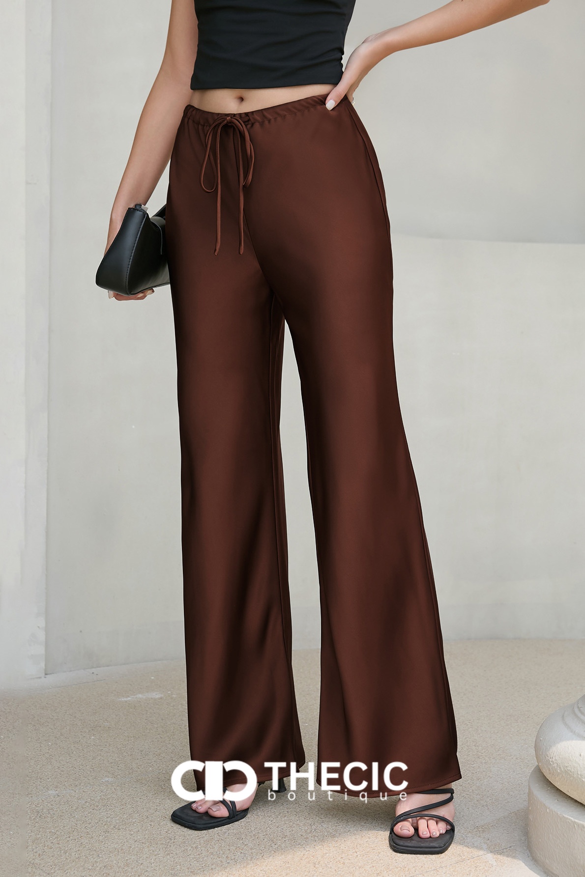 Flowy Satin Drawstring Waist Wide-Leg Pants