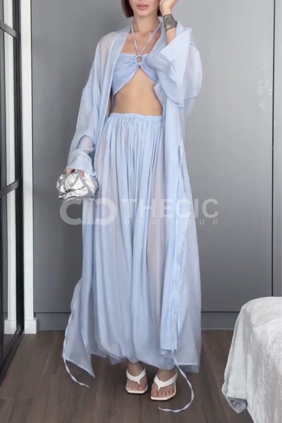 Flowy Sheer Halter Top Wide-Leg Pants Kimono Set