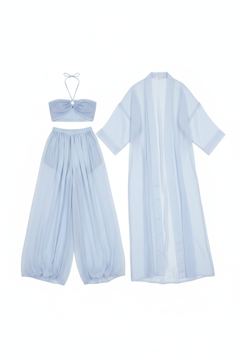 Flowy Sheer Halter Top Wide-Leg Pants Kimono Set