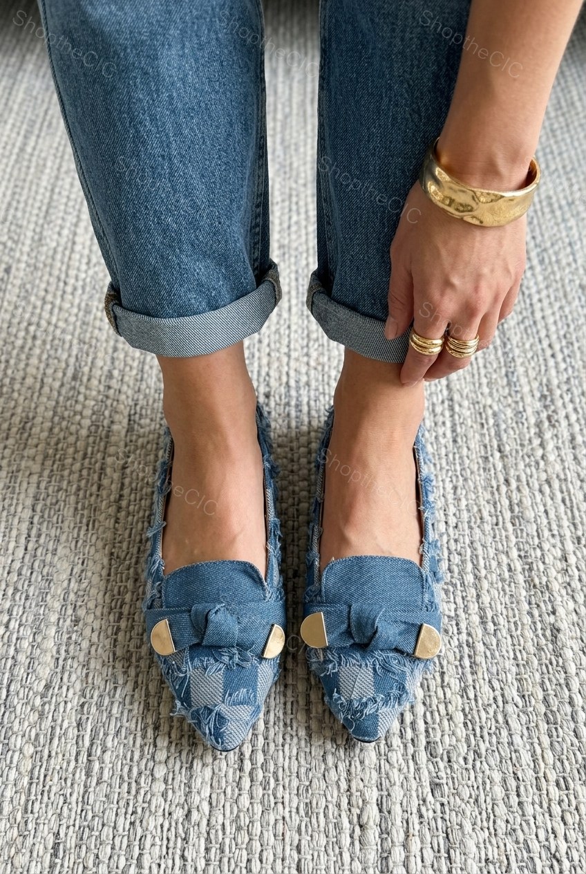 Frayed Denim Check Pointed-Toe Flat Loafers