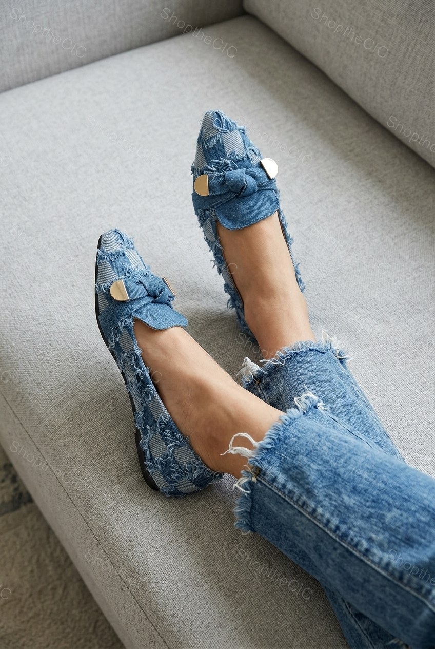 Frayed Denim Check Pointed-Toe Flat Loafers