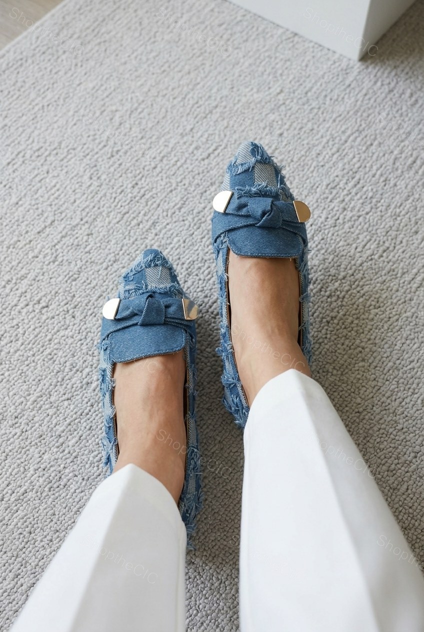 Frayed Denim Check Pointed-Toe Flat Loafers