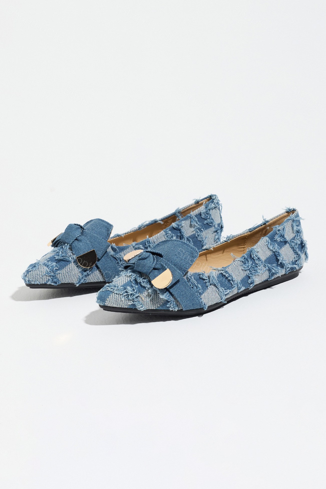 Frayed Denim Check Pointed-Toe Flat Loafers
