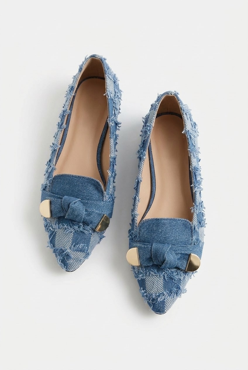 Frayed Denim Check Pointed-Toe Flat Loafers