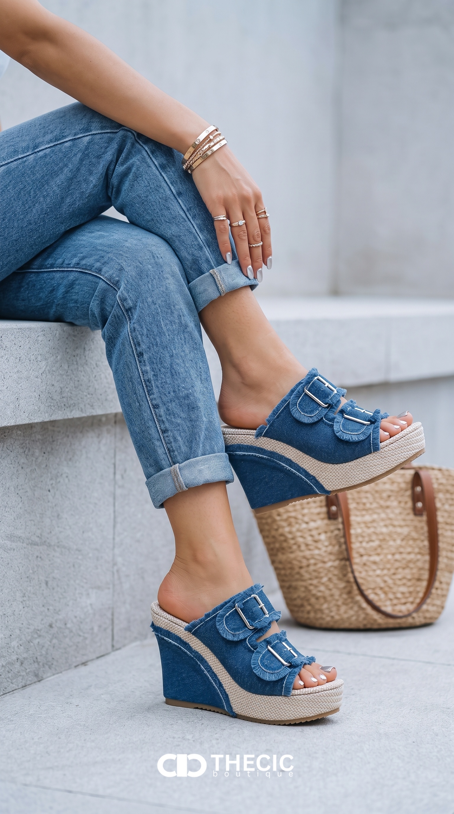 Frayed Double Buckle Espadrille Platform Wedge Mules