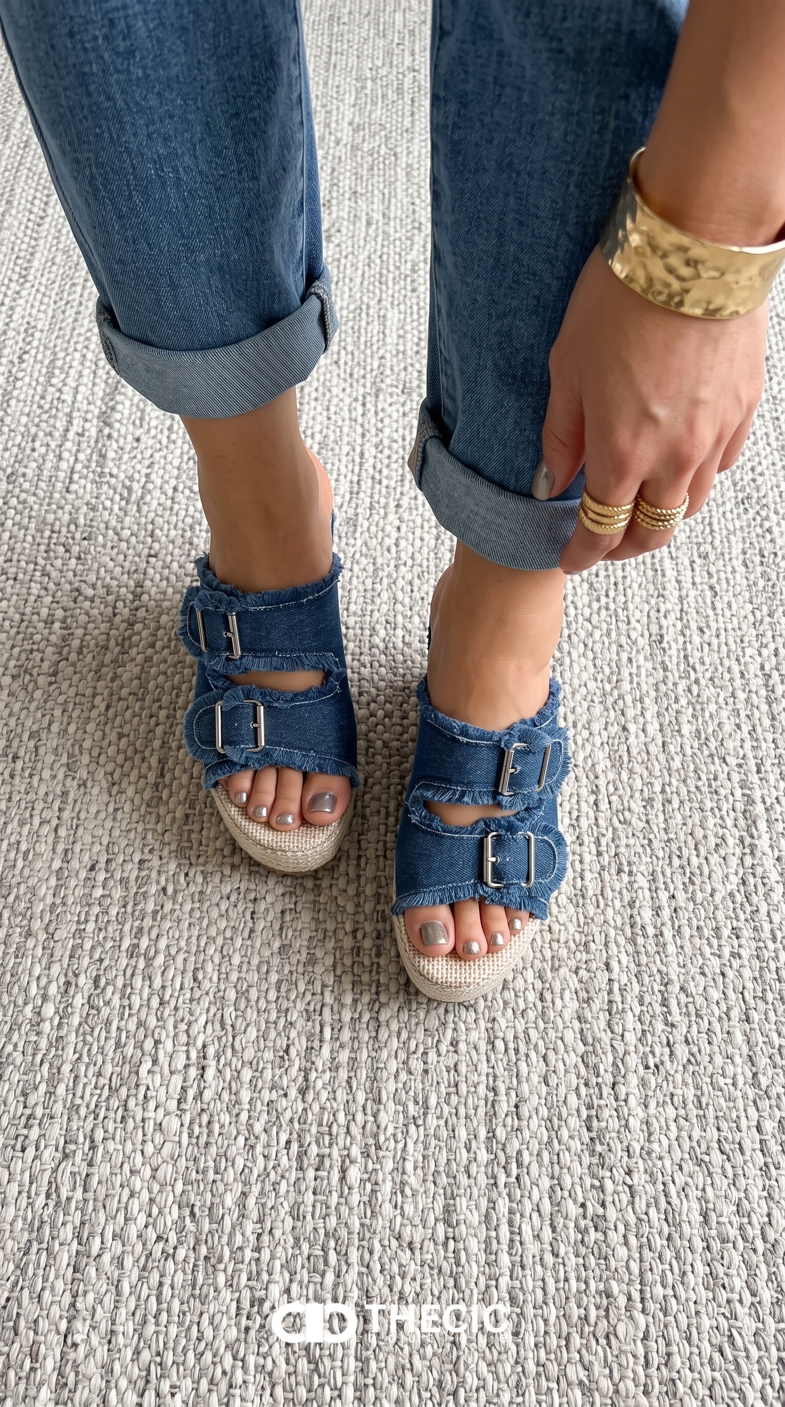 Frayed Double Buckle Espadrille Platform Wedge Mules