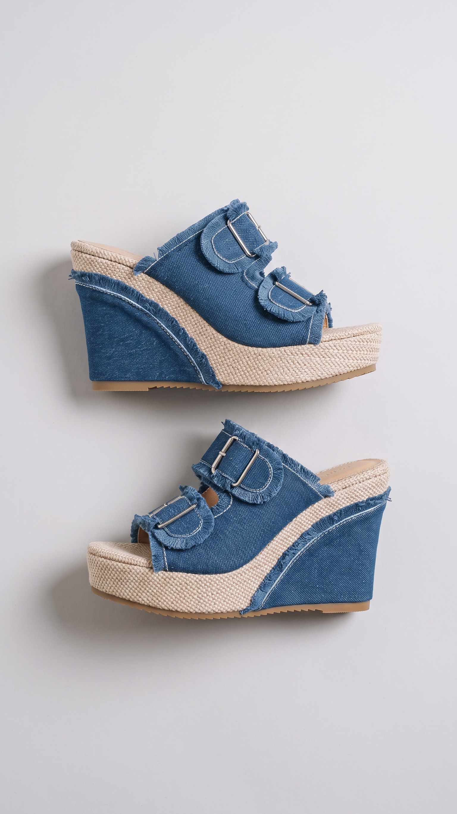 Frayed Double Buckle Espadrille Platform Wedge Mules