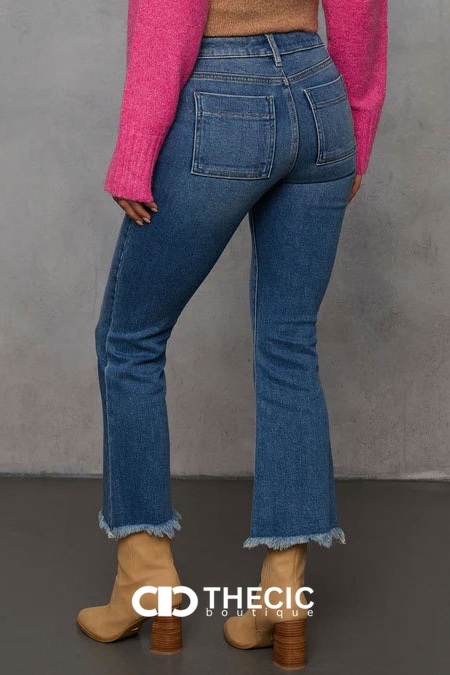 Frayed Hem Flare Jeans with Patch Pockets