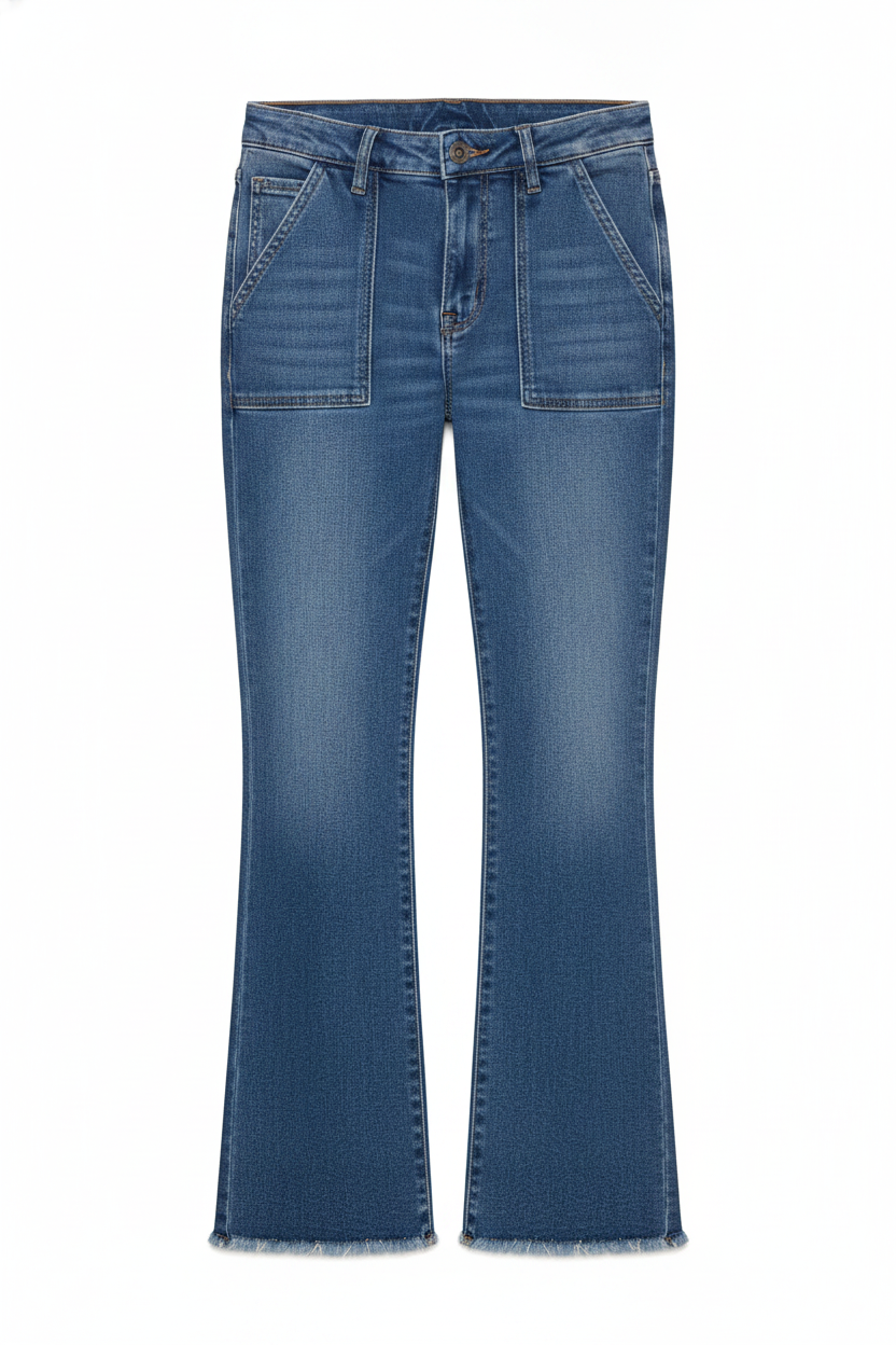Frayed Hem Flare Jeans with Patch Pockets