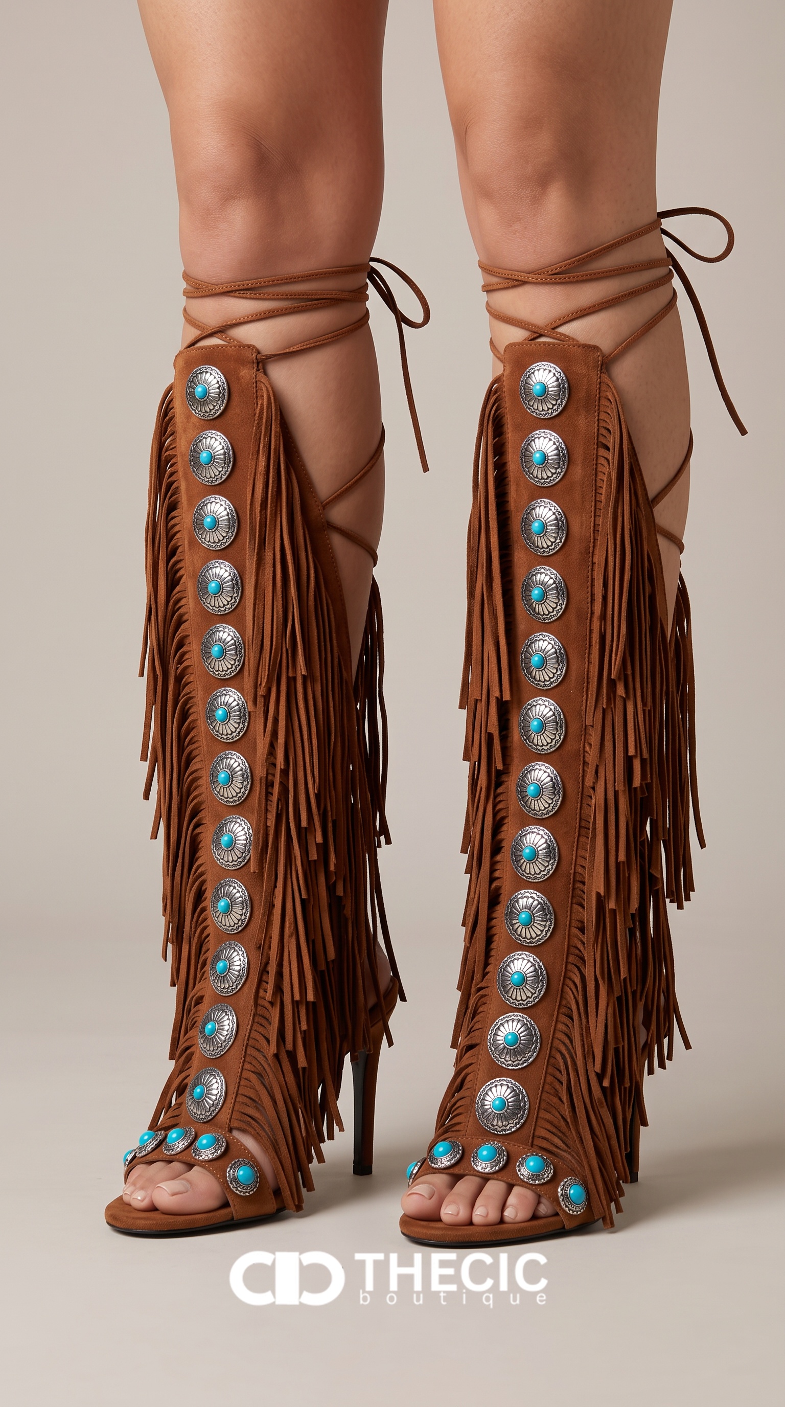 Fringe Concho Embellished Knee-High Stiletto Sandals