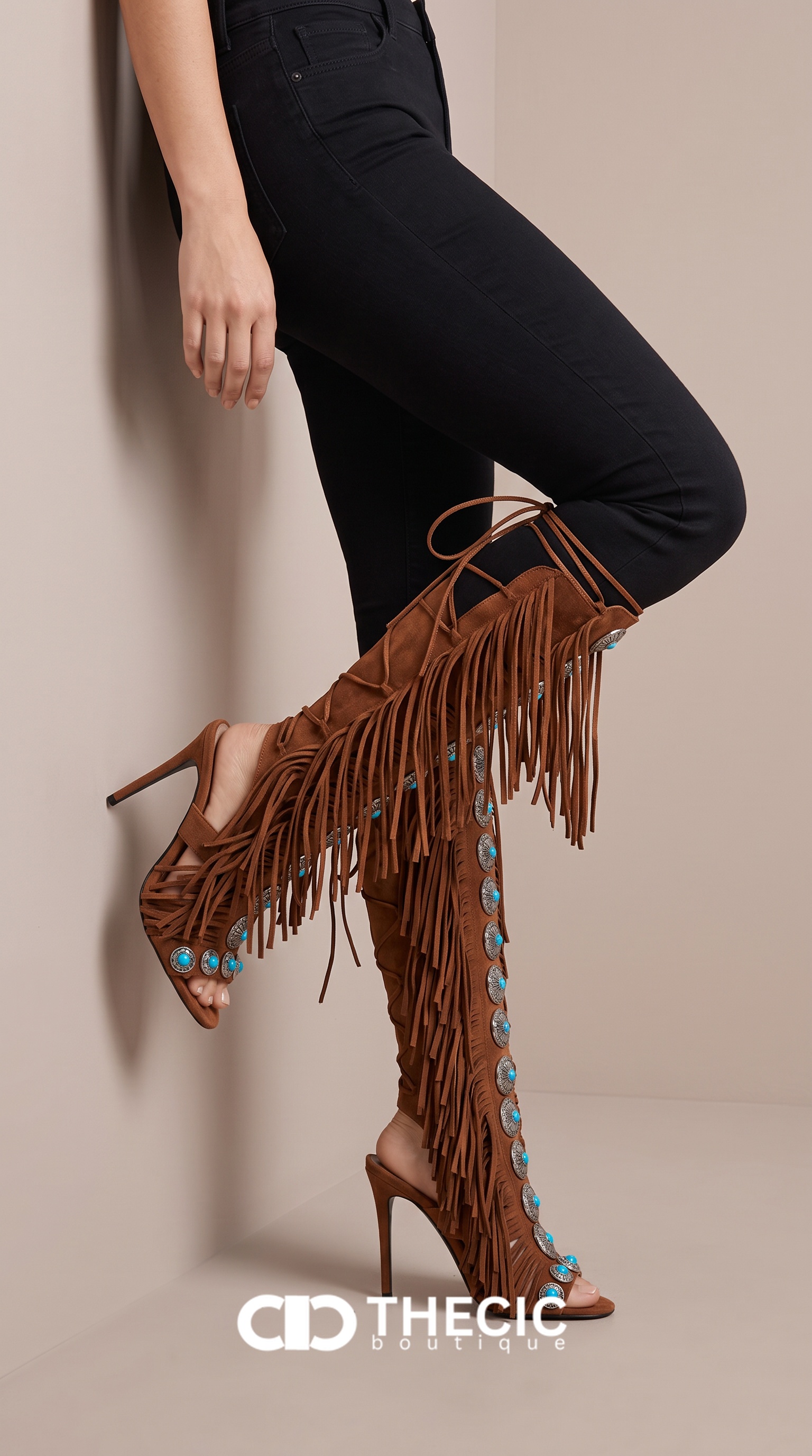 Fringe Concho Embellished Knee-High Stiletto Sandals