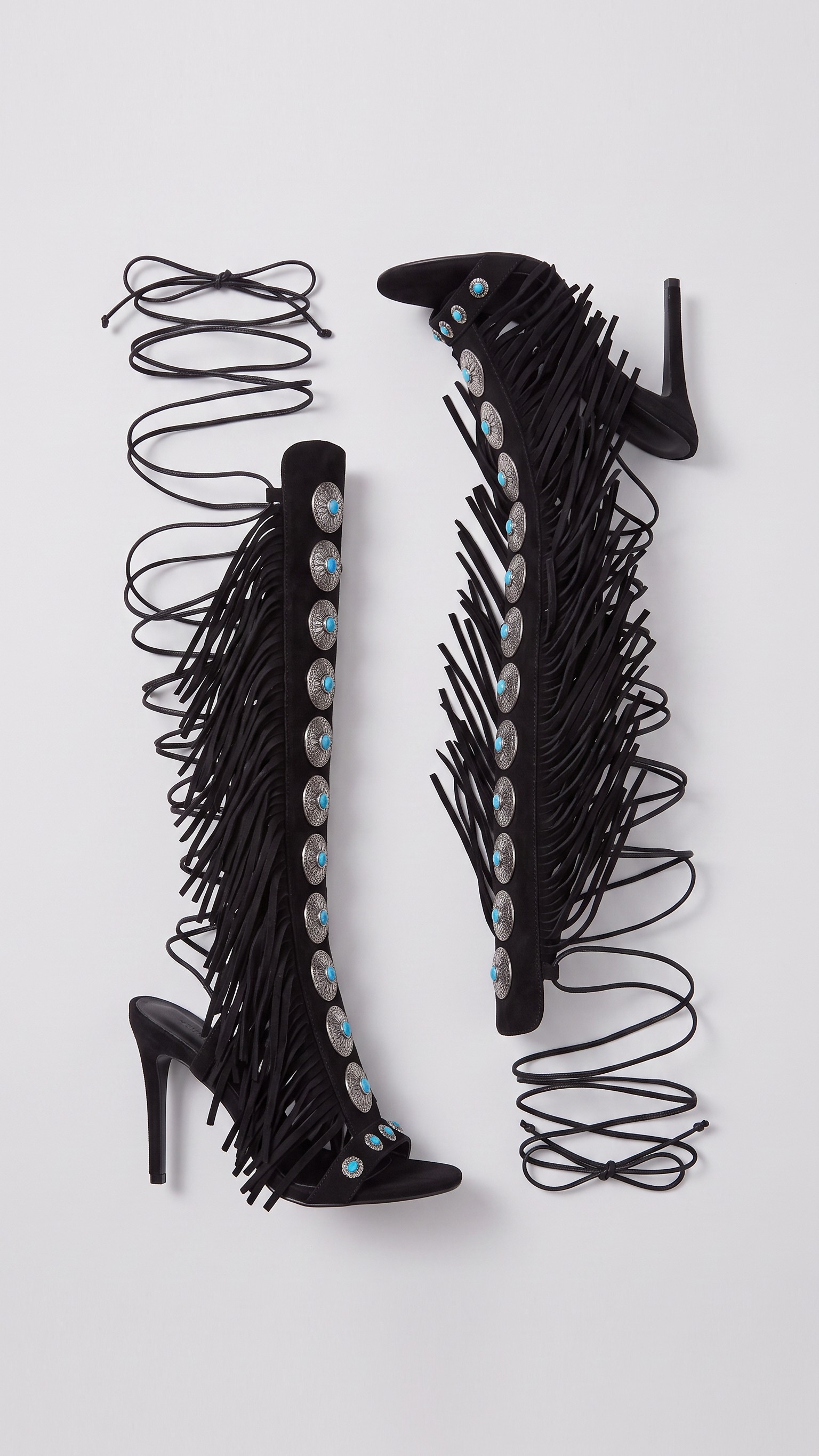 Fringe Concho Embellished Knee-High Stiletto Sandals