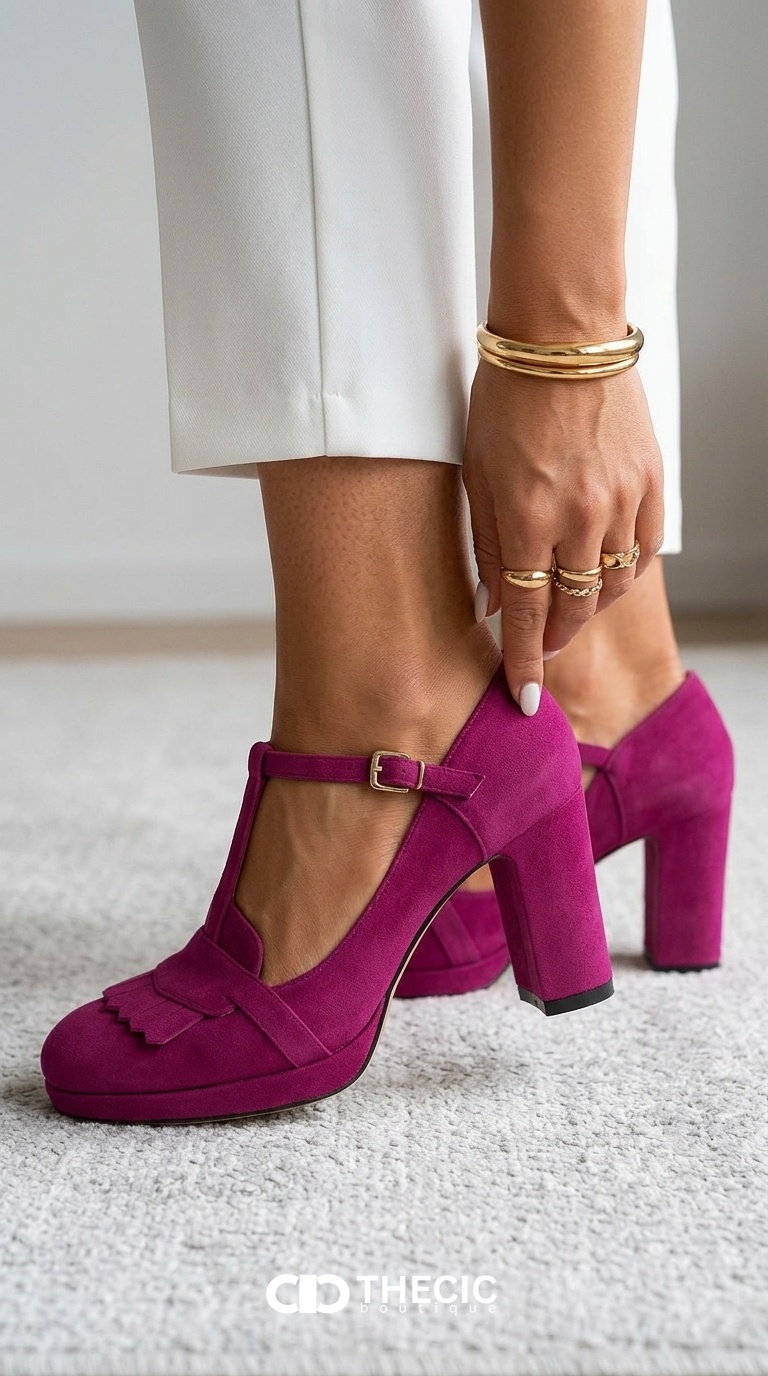 Fringe T-Strap Platform Block Heel Mary Jane Pumps