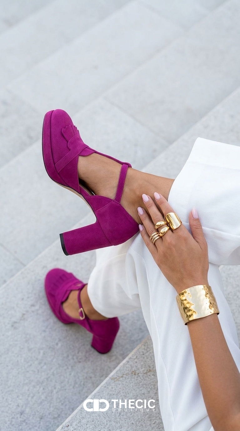 Fringe T-Strap Platform Block Heel Mary Jane Pumps