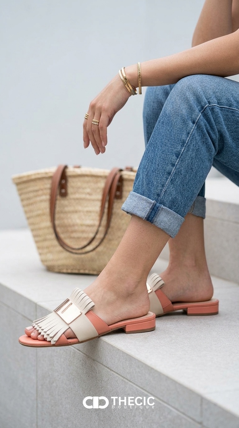 Fringed Metallic Bar Two-Tone Flat Slide Sandals