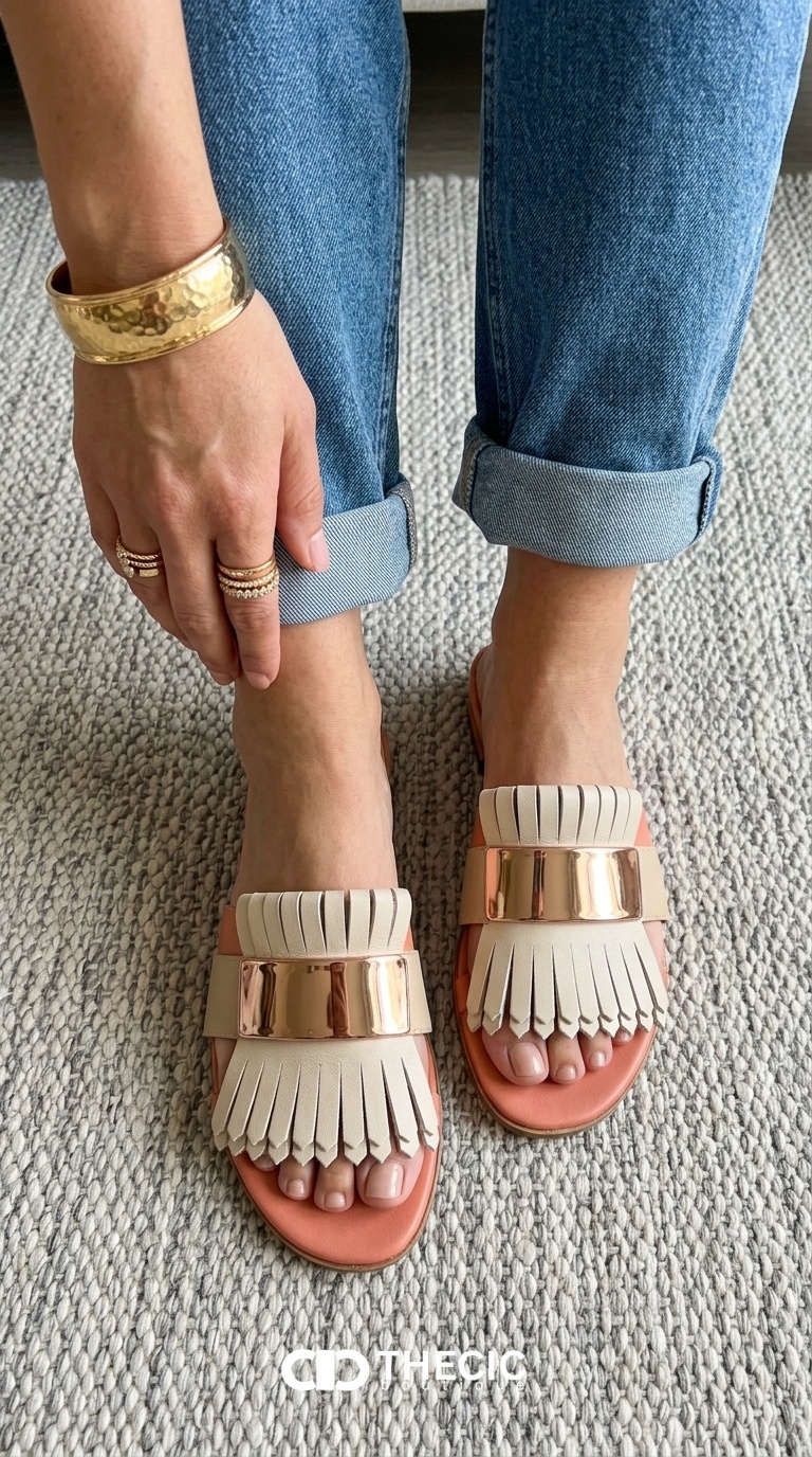 Fringed Metallic Bar Two-Tone Flat Slide Sandals