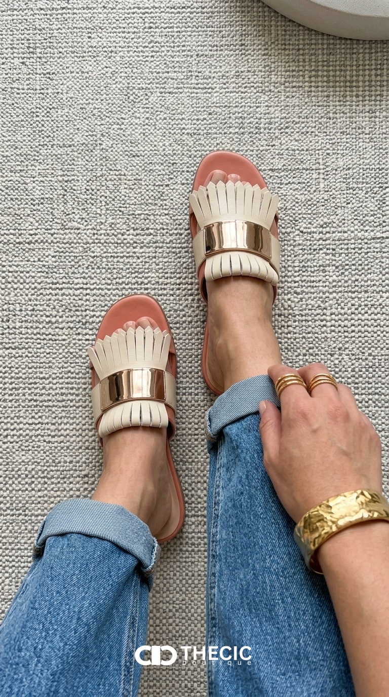 Fringed Metallic Bar Two-Tone Flat Slide Sandals