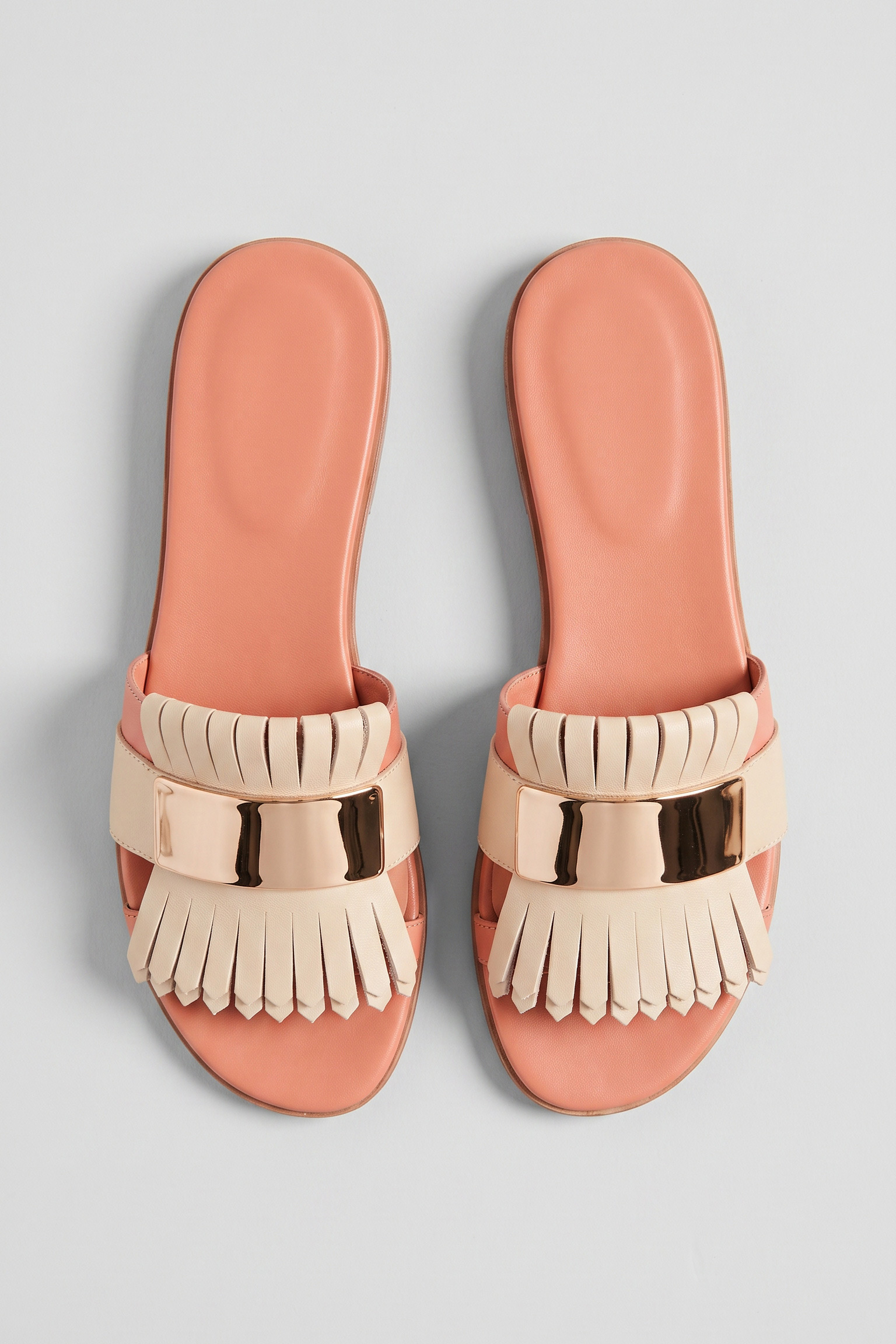 Fringed Metallic Bar Two-Tone Flat Slide Sandals