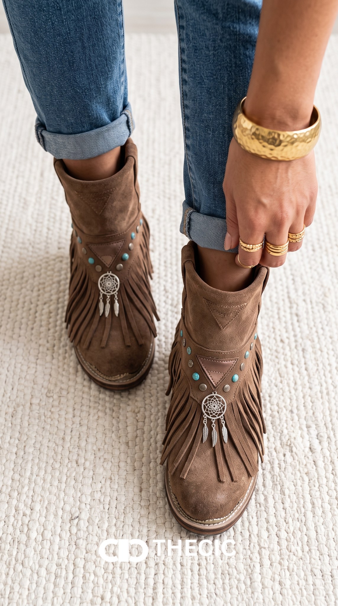 Suede Fringe Ankle Boots with Turquoise Accents