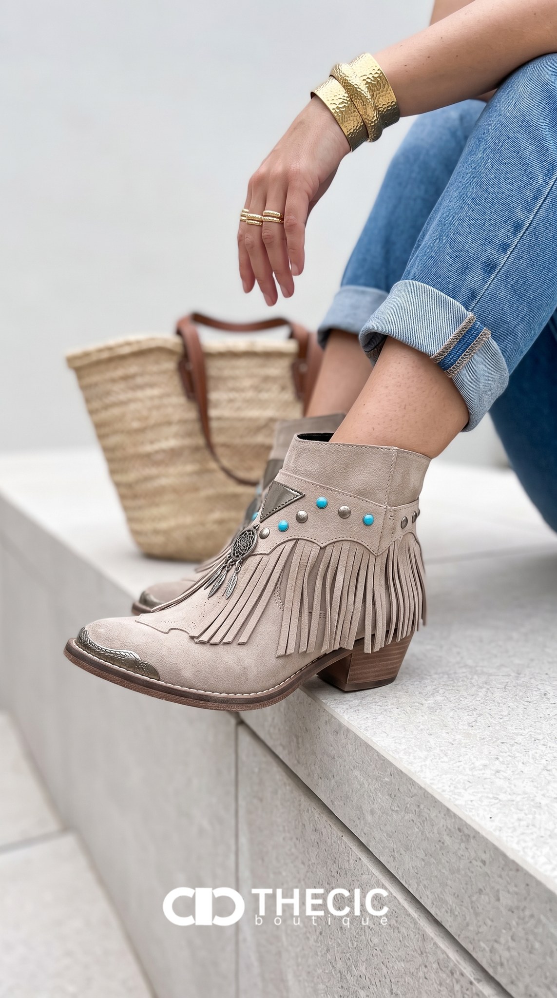 Suede Fringe Ankle Boots with Turquoise Accents