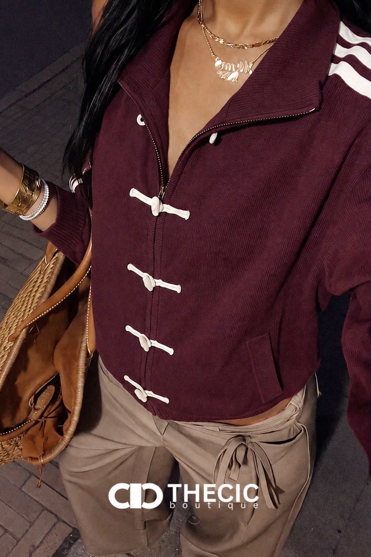 Frog Button Striped Sleeve Stand Collar Jacket