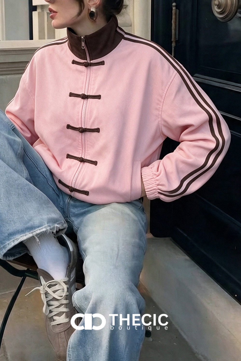 Frog Button Striped Sleeve Stand Collar Jacket