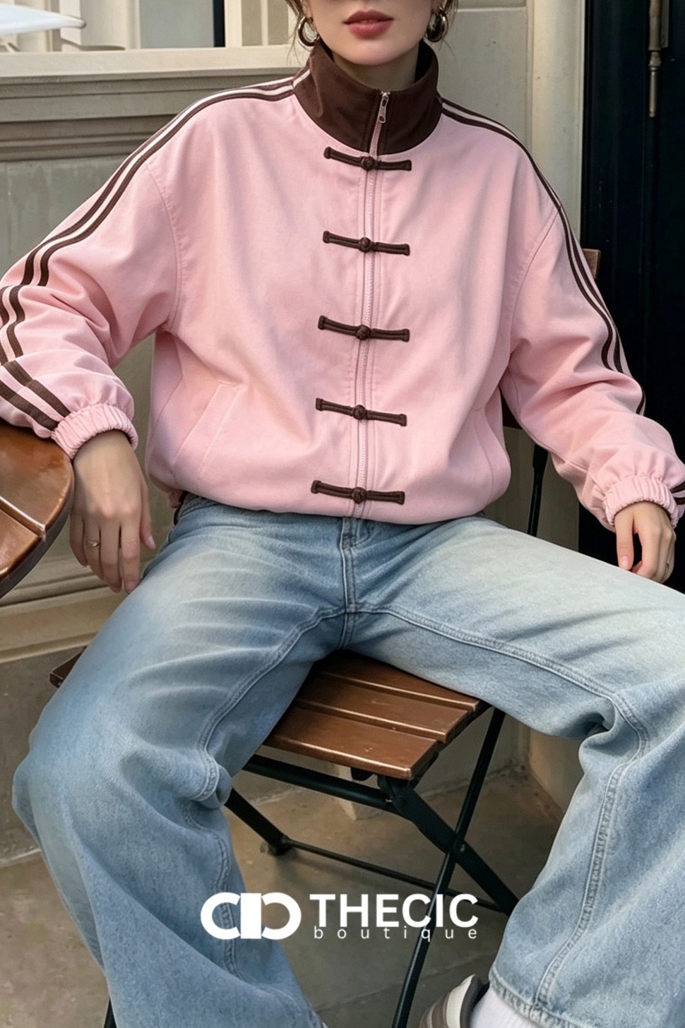Frog Button Striped Sleeve Stand Collar Jacket