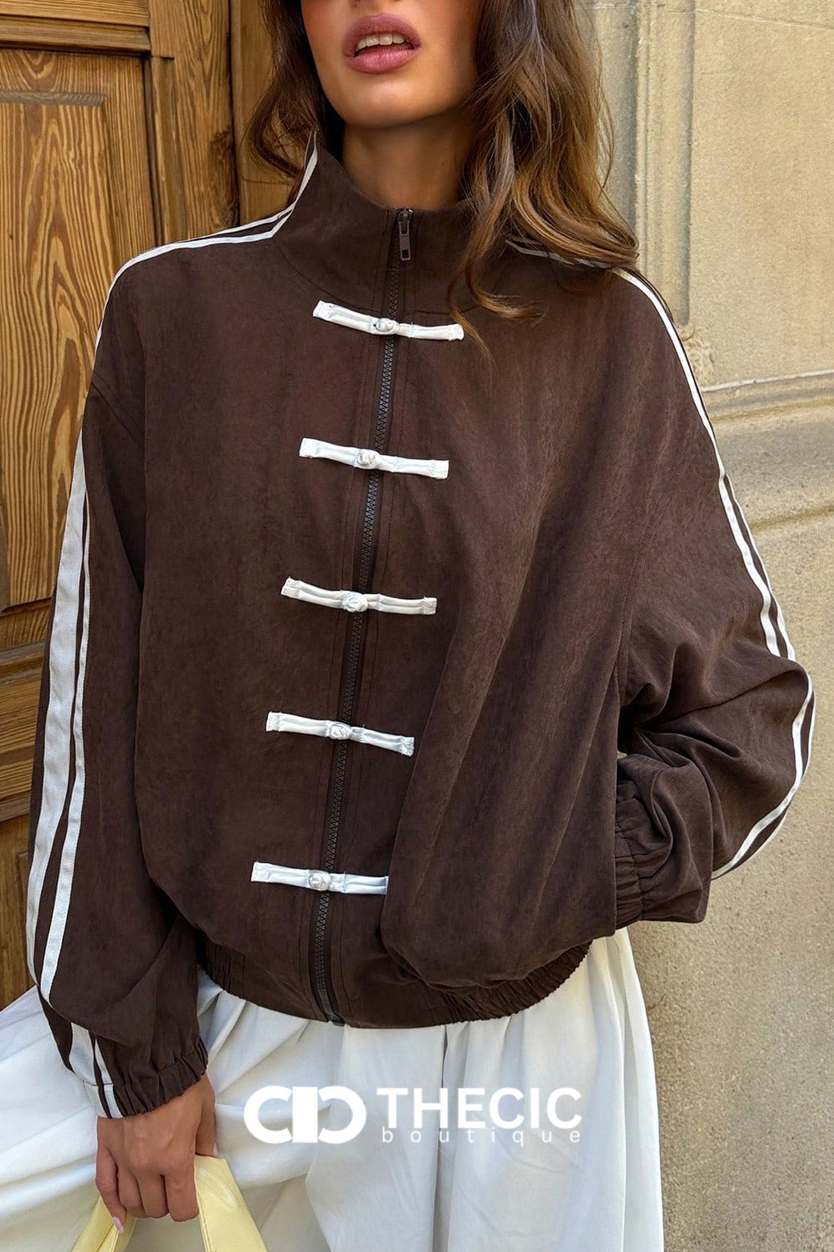 Frog Button Striped Sleeve Stand Collar Jacket