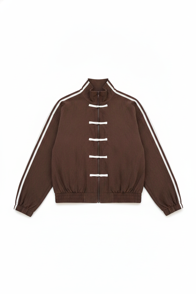 Frog Button Striped Sleeve Stand Collar Jacket