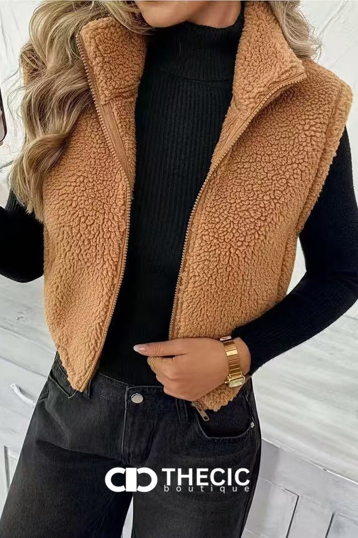 Fuzzy Full-Zip Cropped Stand Collar Vest