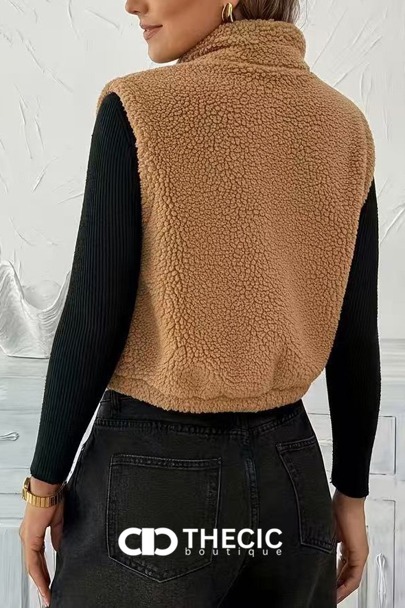 Fuzzy Full-Zip Cropped Stand Collar Vest