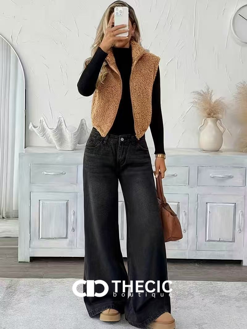 Fuzzy Full-Zip Cropped Stand Collar Vest