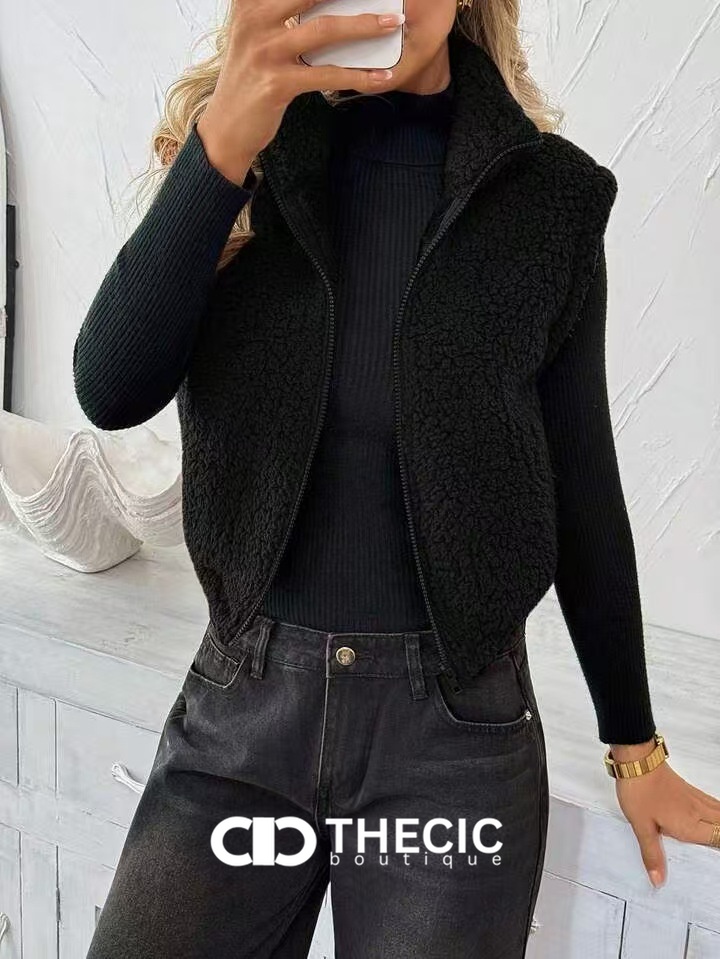 Fuzzy Full-Zip Cropped Stand Collar Vest