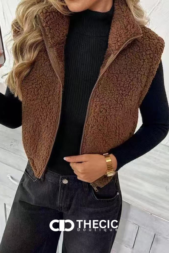 Fuzzy Full-Zip Cropped Stand Collar Vest
