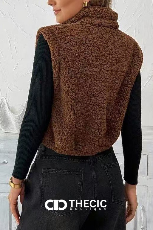 Fuzzy Full-Zip Cropped Stand Collar Vest