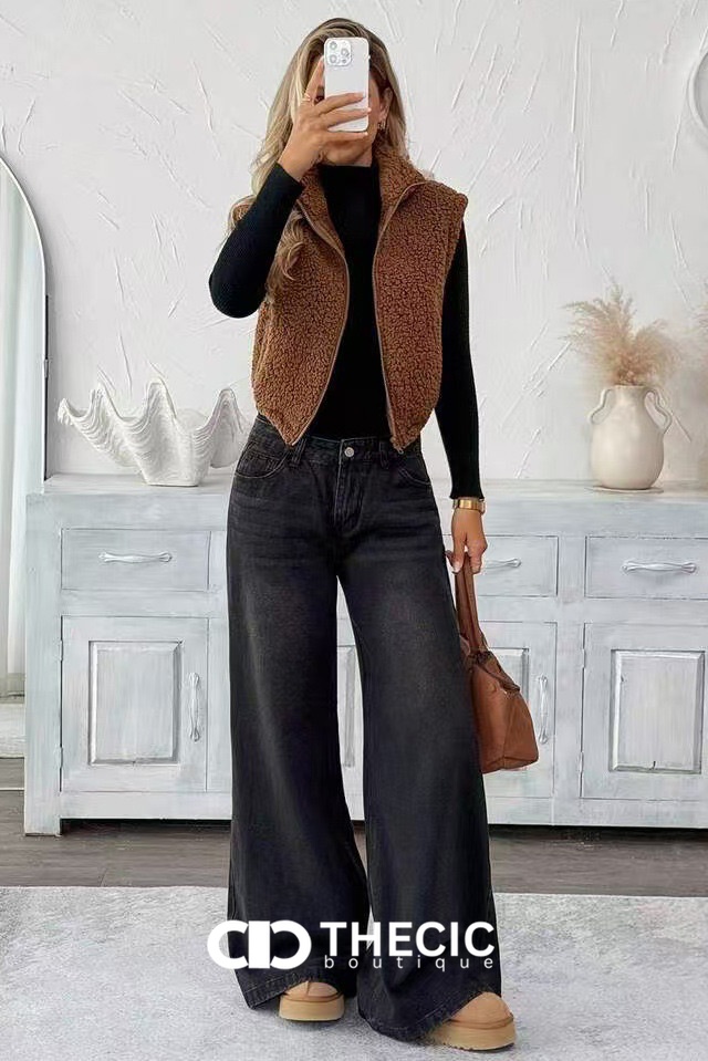 Fuzzy Full-Zip Cropped Stand Collar Vest