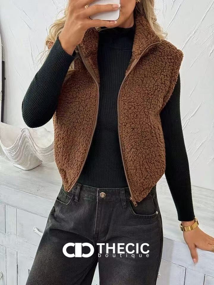 Fuzzy Full-Zip Cropped Stand Collar Vest