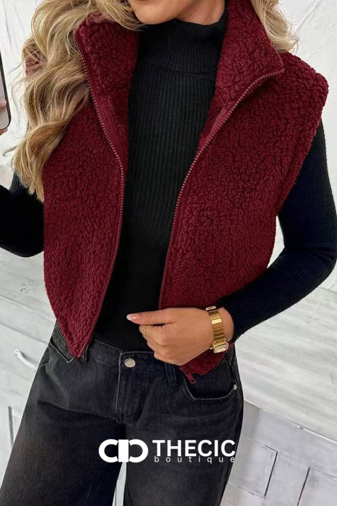 Fuzzy Full-Zip Cropped Stand Collar Vest