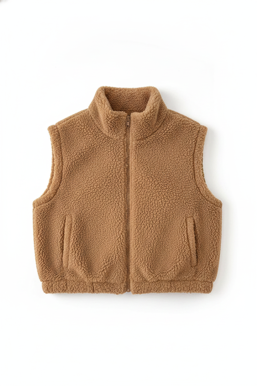 Fuzzy Full-Zip Cropped Stand Collar Vest