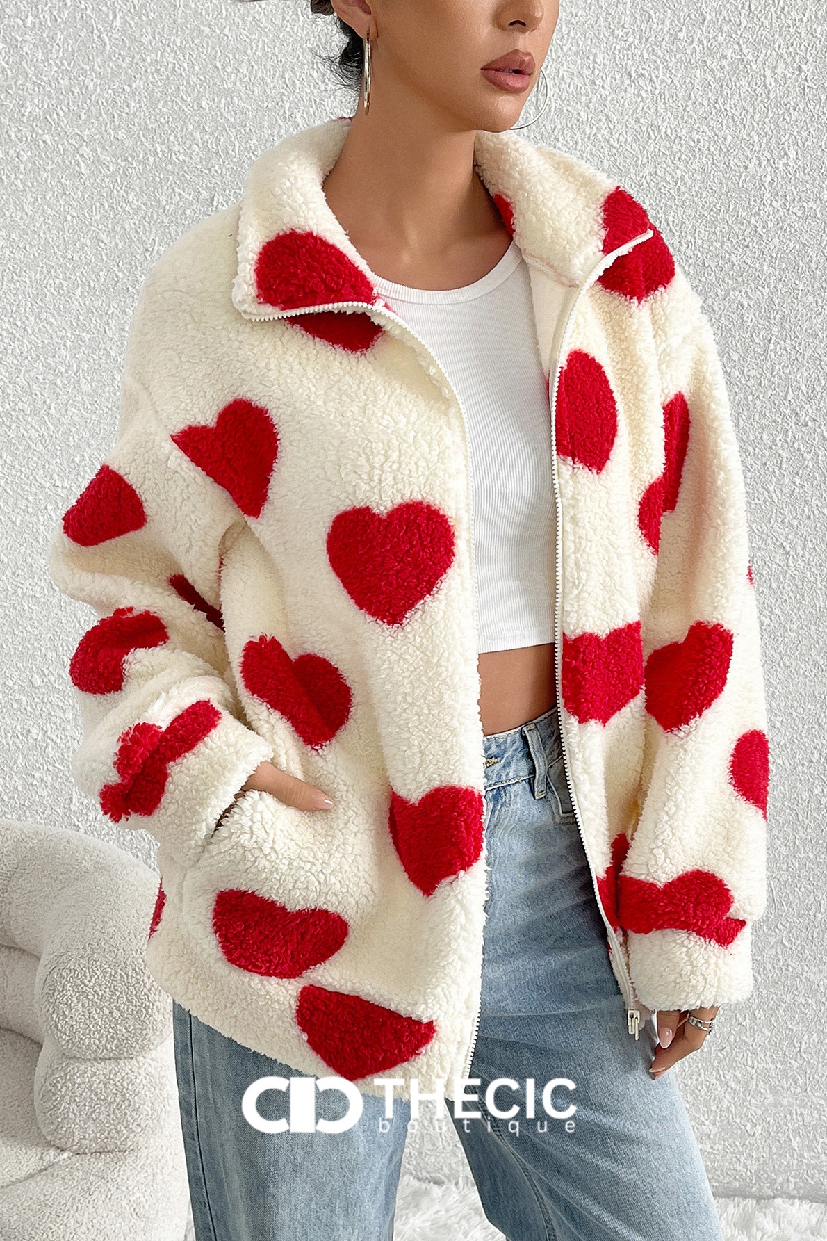 Fuzzy Heart Print Zip-Up Jacket