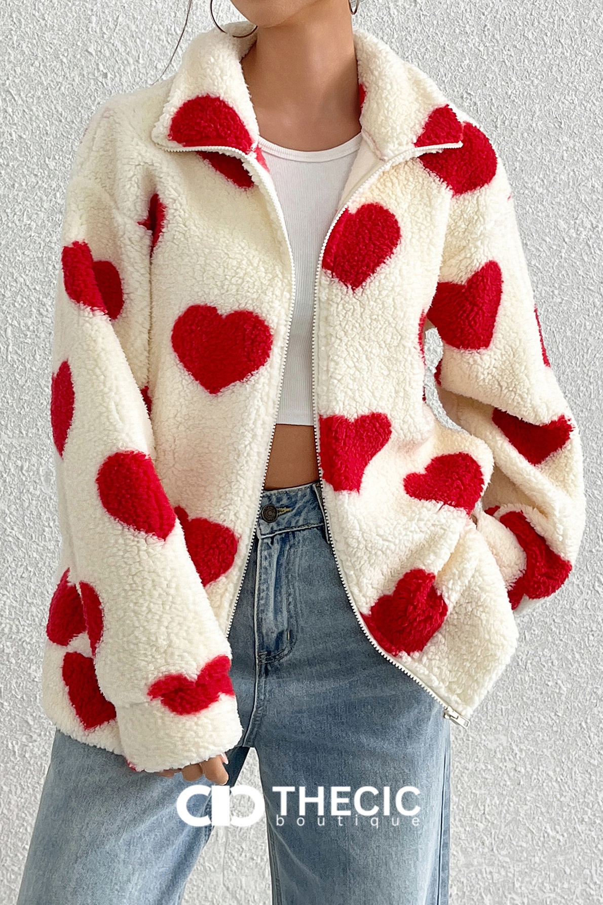 Fuzzy Heart Print Zip-Up Jacket