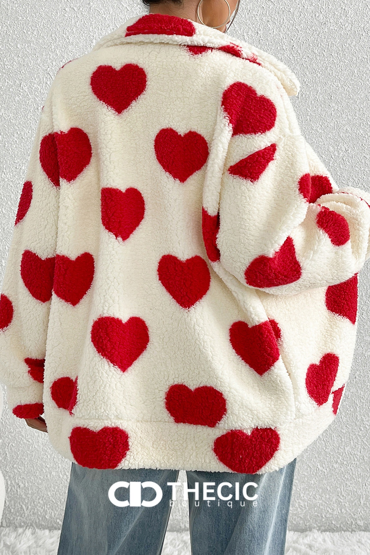 Fuzzy Heart Print Zip-Up Jacket