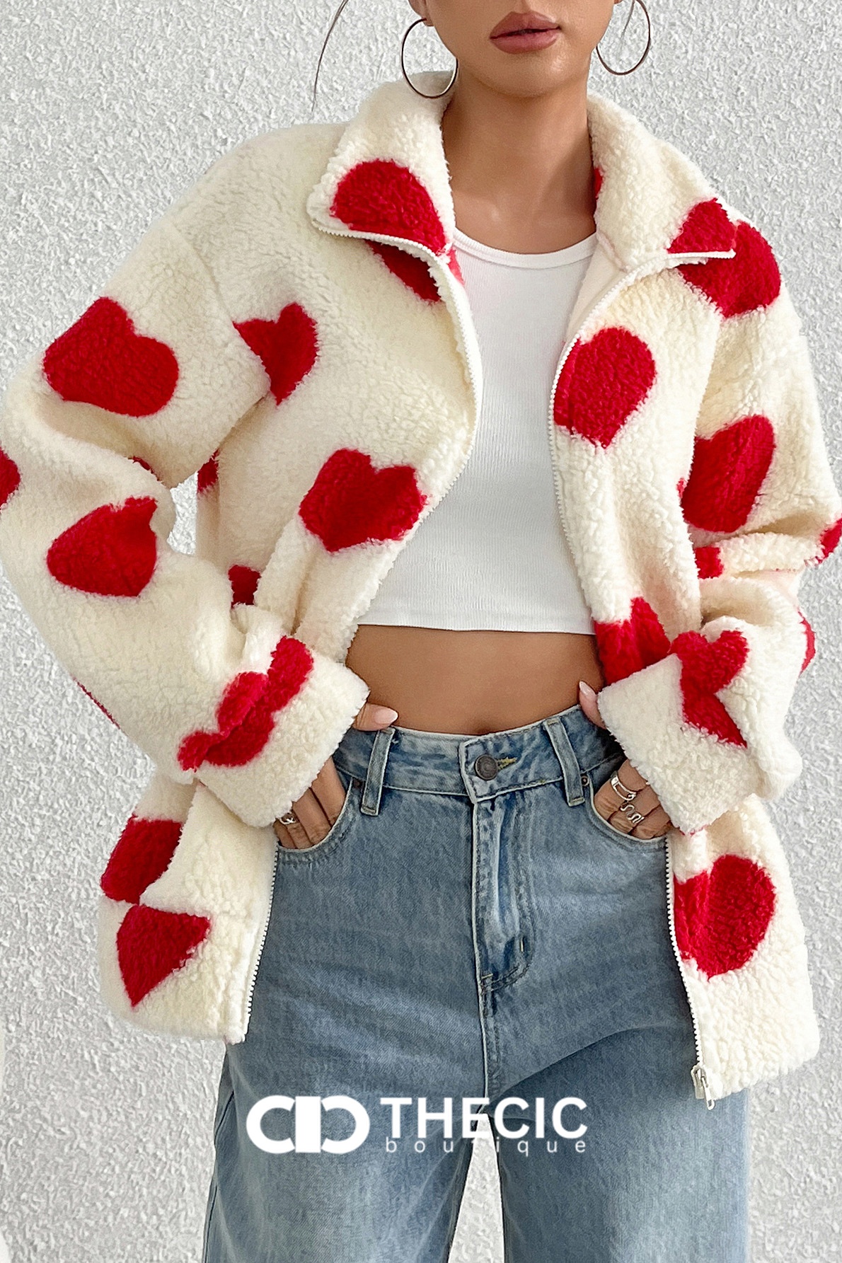 Fuzzy Heart Print Zip-Up Jacket
